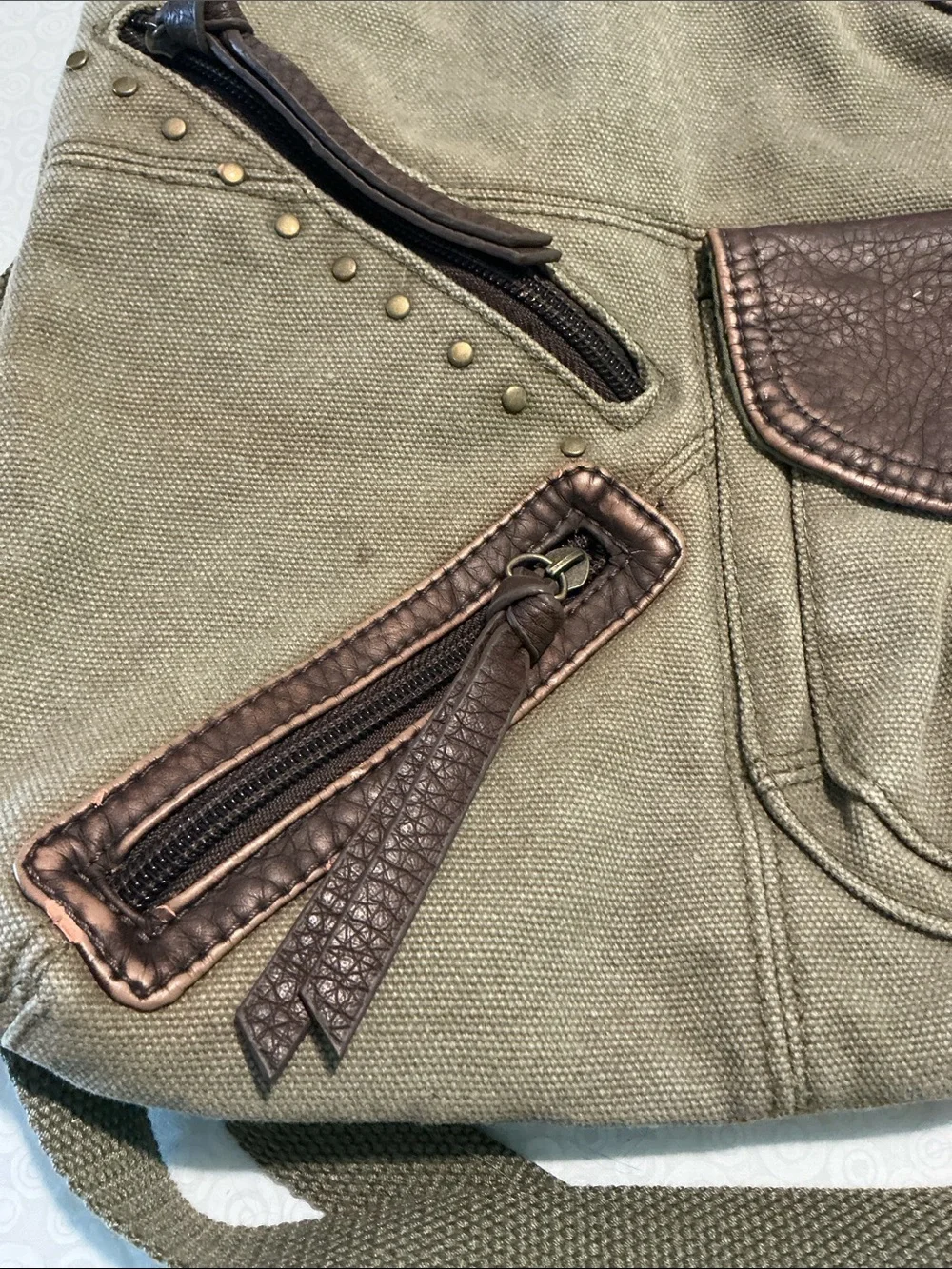 Canvas Crossbody Bag with Brown Faux Leather Trim -